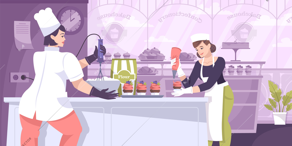 Pastry bakery composition with bakers restaurant kitchen scenery and flat characters of bakers making sweet cakes vector illustration