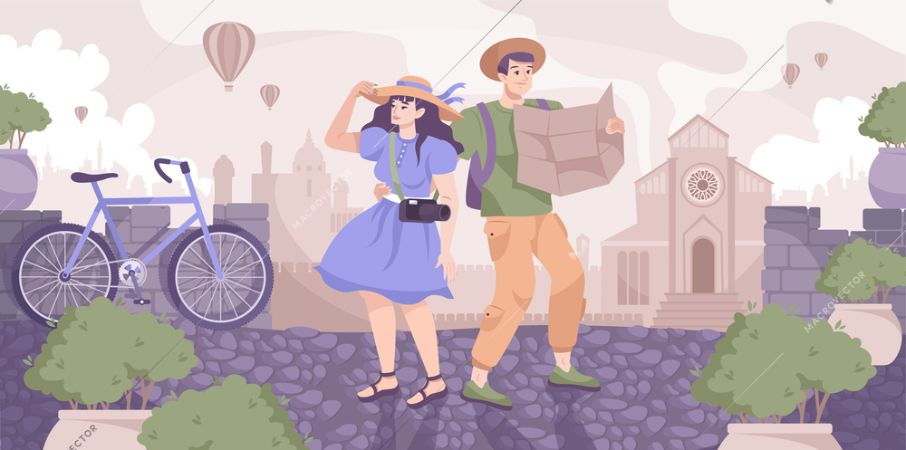 City excursion flat composition with ancient town silhouette cityscape background and couple of tourists with map vector illustration