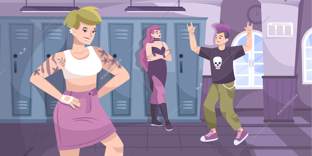 Teenagers subculture flat composition with college corridor scenery with lockers and human characters of freaky teens vector illustration