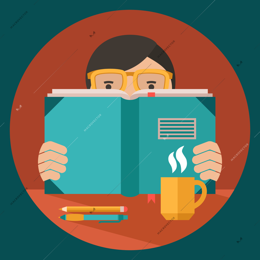 Man in glasses reading book on desk with coffee cup pen and pencil flat vector illustration