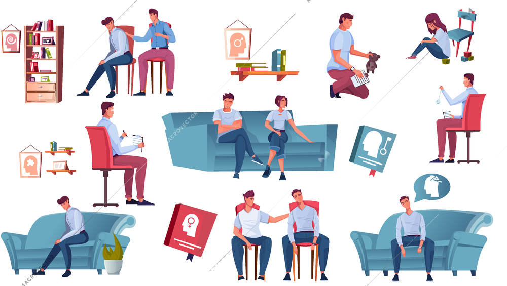 Psychology set of flat icons human characters of therapist and clients soft furniture and interior elements vector illustration