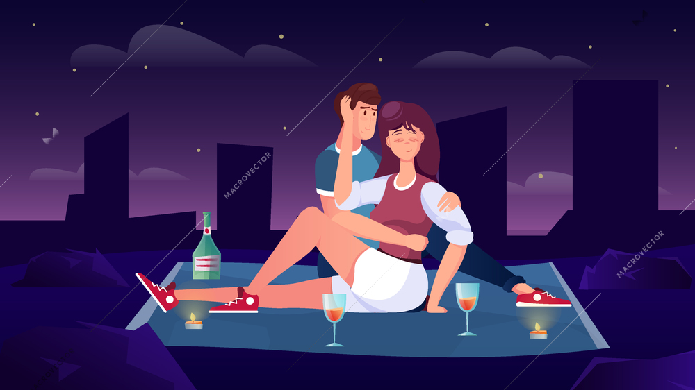 Romantic date flat composition with outdoor night cityscape scenery starry sky and drinking couple on carpet vector illustration