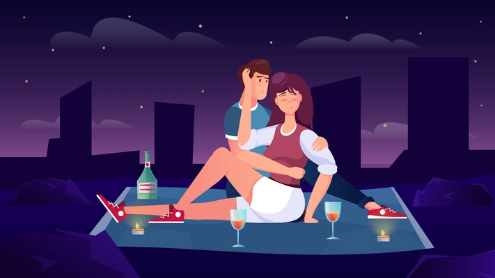 Romantic date flat composition with outdoor night cityscape scenery starry sky and drinking couple on carpet vector illustration