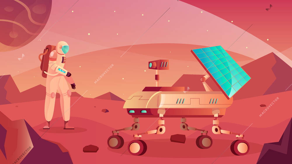 Moon rover flat composition with view of planetary surface with lunar roving vehicle and astronaut character vector illustration