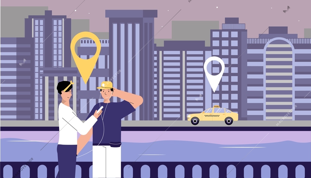 Taxi call application flat composition with outdoor scenery with location signs and passengers waiting for car vector illustration