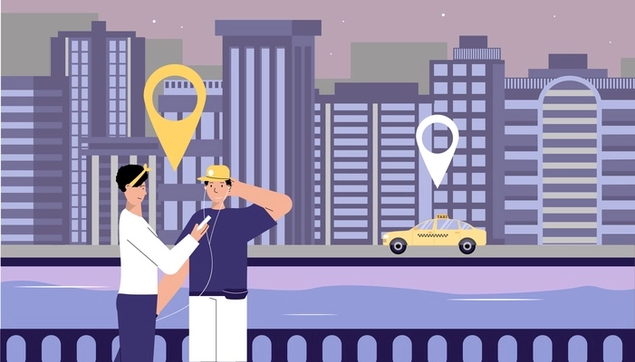 Taxi call application flat composition with outdoor scenery with location signs and passengers waiting for car vector illustration