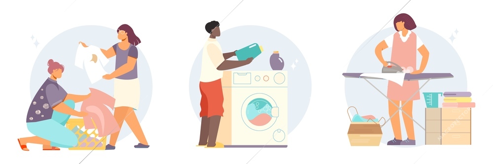 Laundry compositions with flat characters of people collecting and washing clothes with washing machine and iron vector illustration