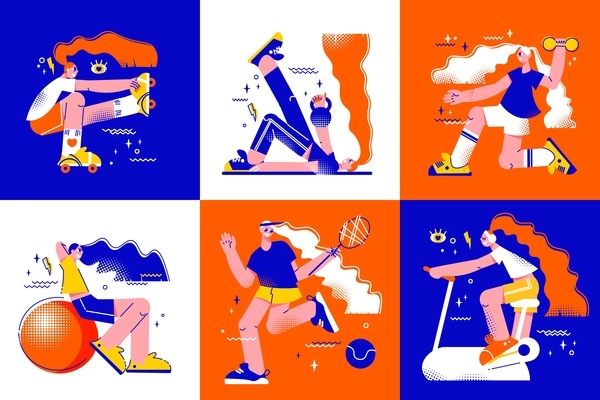 Fitness concept 6 flat colorful compositions with paying tennis training machine yoga balance ball exercises vector illustration