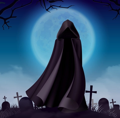 Halloween ghost cloak realistic composition with night sky moon and view of cemetery with dark gown vector illustration