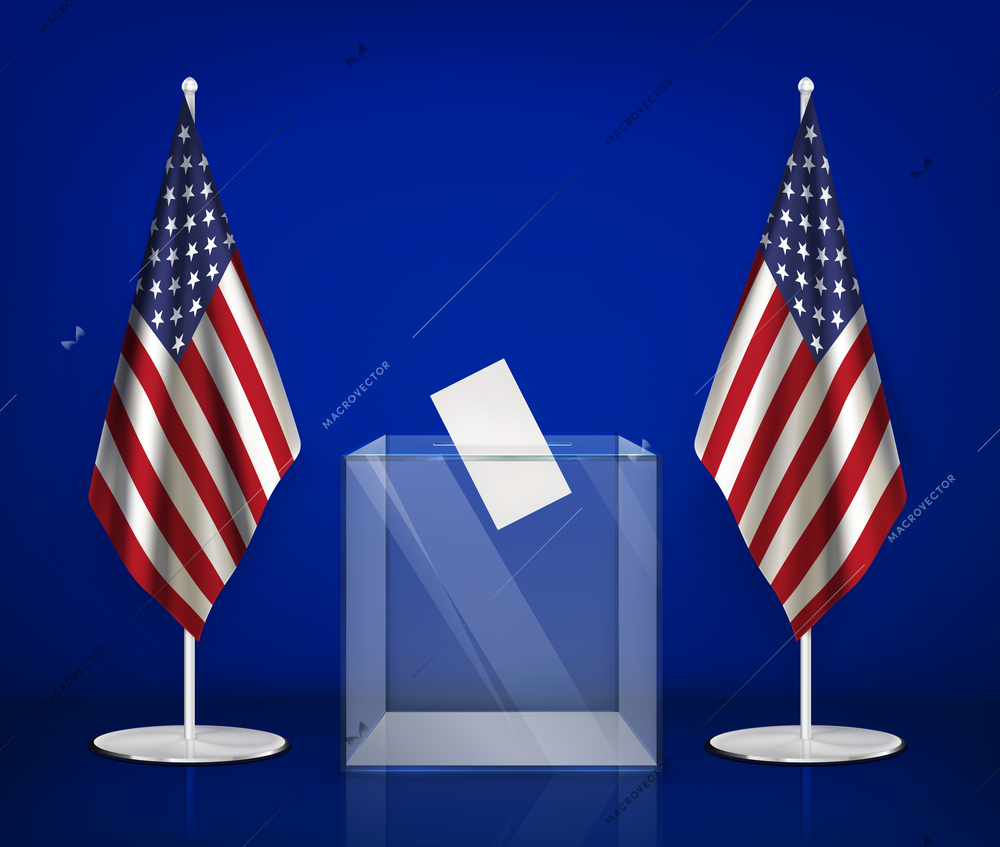 Usa elections realistic composition with images of transparent ballot box between american flags on blue background vector illustration