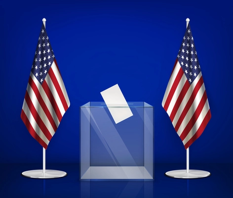 Usa elections realistic composition with images of transparent ballot box between american flags on blue background vector illustration