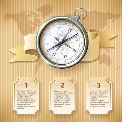 Antique retro style silver metal  compass on world map background travel infographics vector illustration