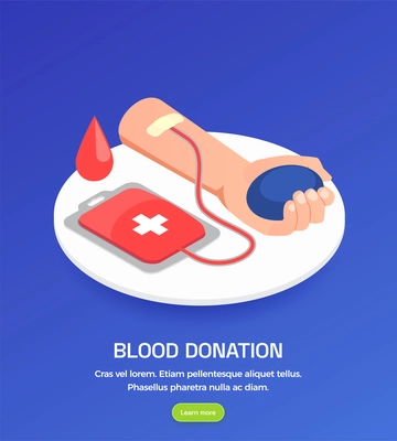 Charity donation volunteering square background with learn more button text and isometric images of human hand vector illustration