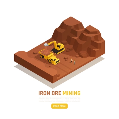 Natural resources open pit mining isometric element with excavator gathering and loading iron ore deposits vector illustration