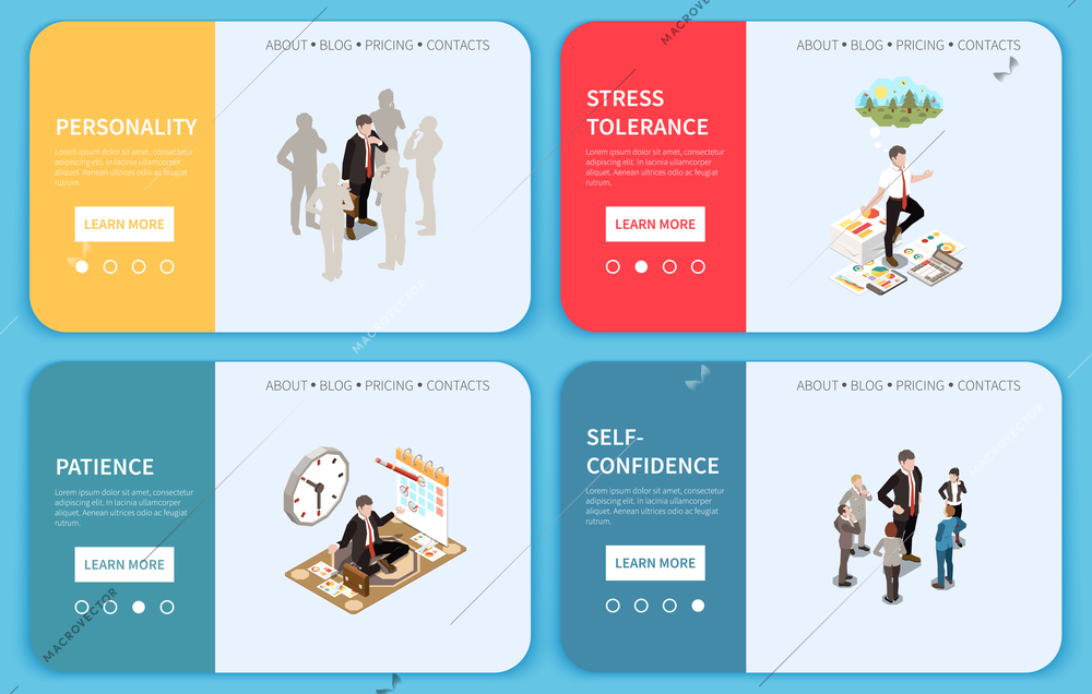 Soft skills isometric colored concept banner or landing set with personality stress tolerance patience self confidence descriptions and learn more button vector illustration