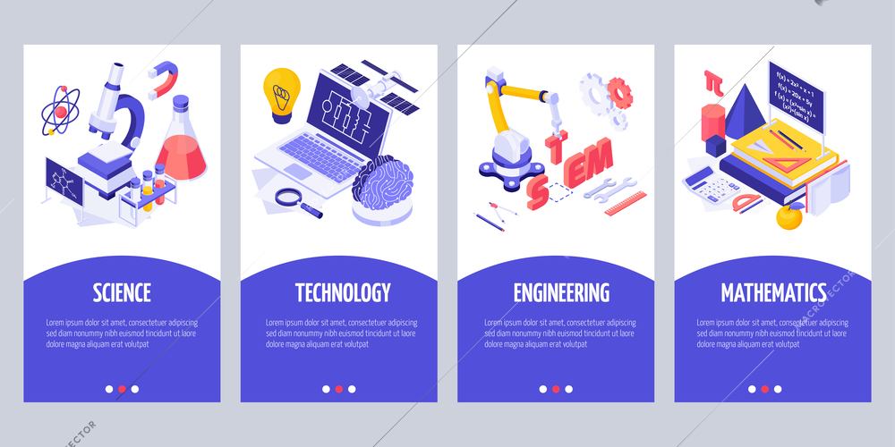 STEM education vertical banners with modern lab equipment tutorials laptop and caption words science technology engineering mathematics isometric vector illustration