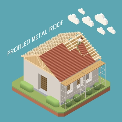 Roofer fixing profile metal roofing sheets on new free standing single family house isometric composition vector illustration