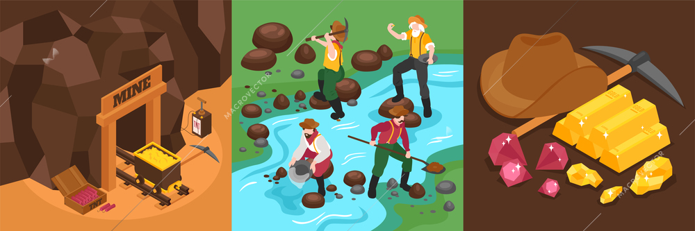 Isometric gold mining design concept with square compositions of mine and bars of gold panning workers vector illustration