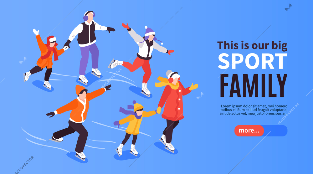 Isometric generation family horizontal banner with parents and kids skating on ice with button and text vector illustration