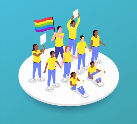 Public protest demonstration isometric composition with round platform and group of rioters with placards lgbt flag vector illustration