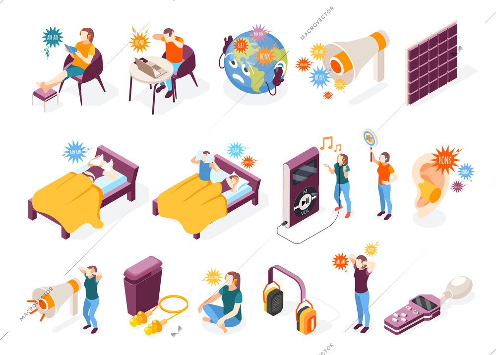 Noise acoustic pollution isometric recolor set of isolated virus icons and people with audio playback devices vector illustration