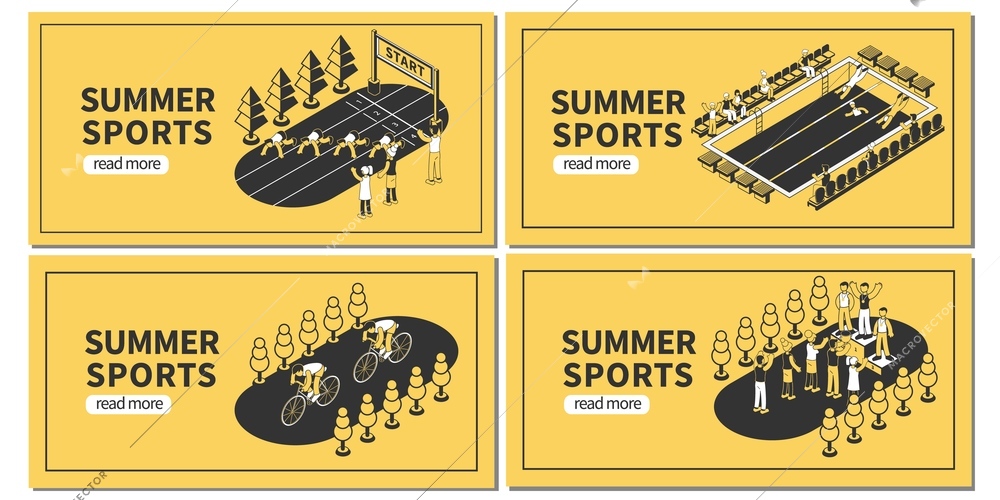 Summer sport competition set of horizontal banners with editable text read more button and isometric images vector illustration