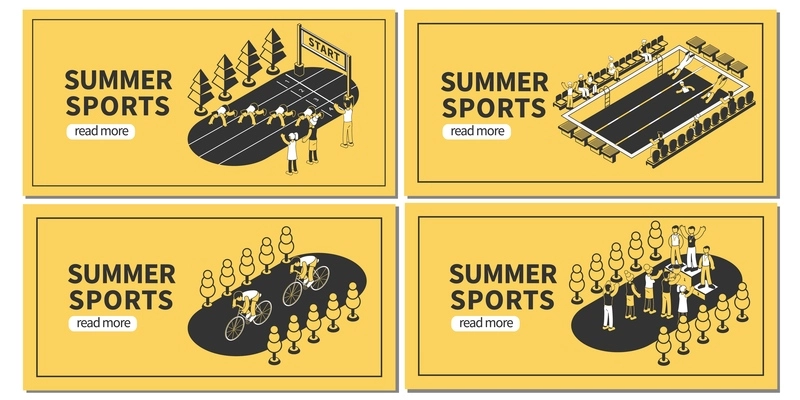 Summer sport competition set of horizontal banners with editable text read more button and isometric images vector illustration