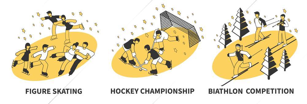 Set of three isometric compositions with figure skating hockey and biathlon competition 3d isolated vector illustration