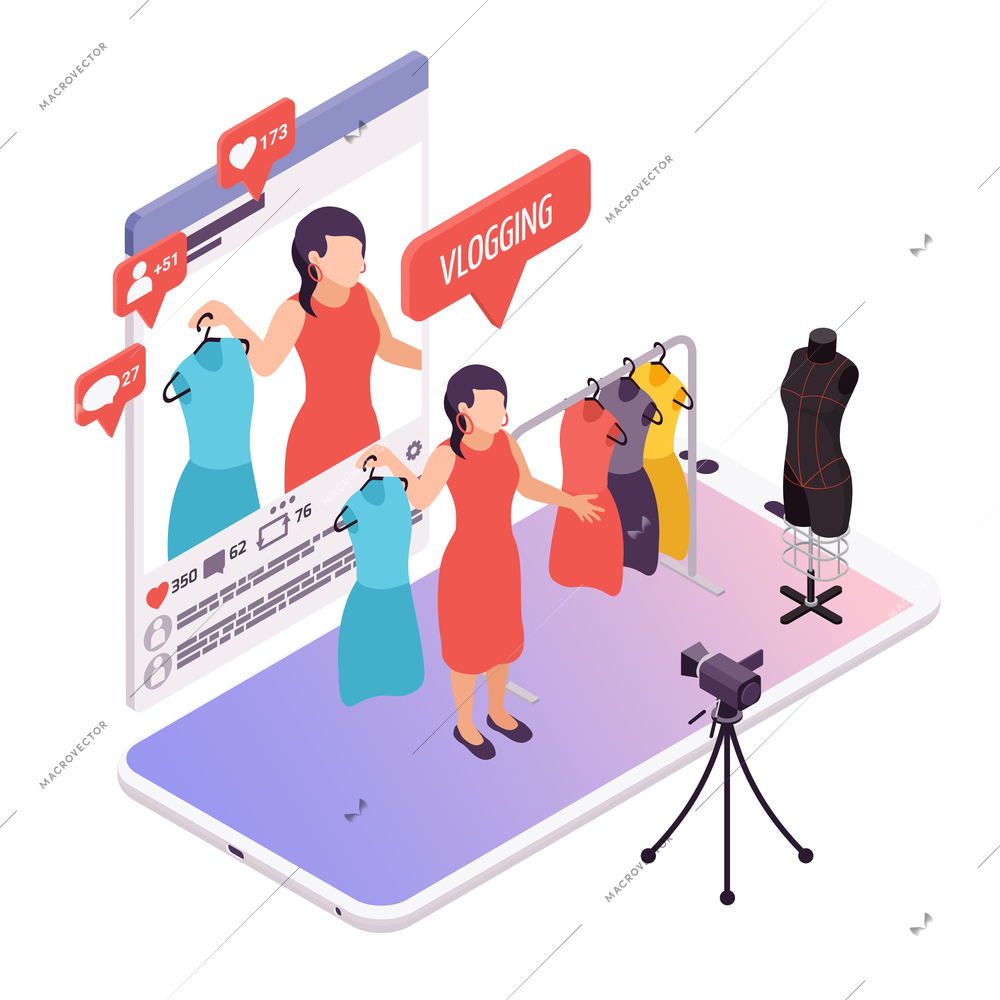 Vlogging occupation isometric composition with beauty blogger streaming for online fashion journal or website content vector illustration