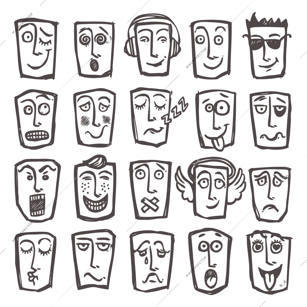 Sketch emoticons man head face expressions icons set isolated vector illustration