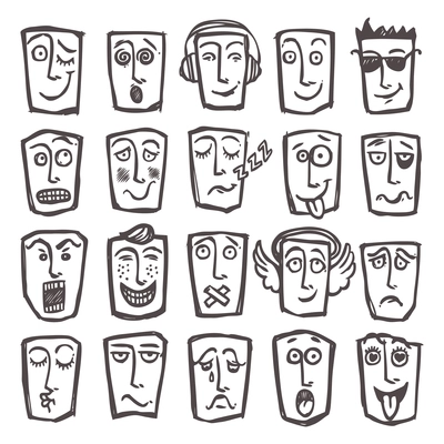 Sketch emoticons man head face expressions icons set isolated vector illustration