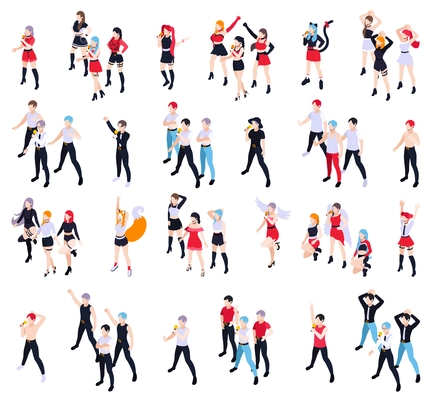 Party time isometric set with alone young singers performing pop music and dancing groups isolated vector illustration