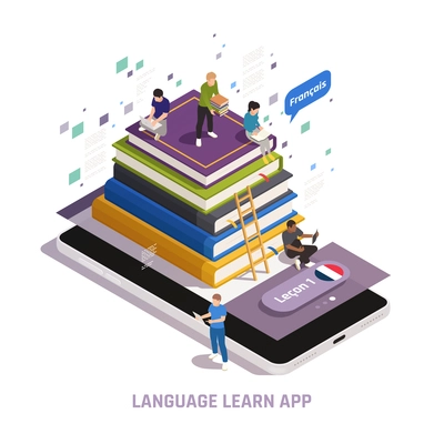 Foreign language online with personal tutors electronic textbooks isometric composition with french for beginners app vector illustration