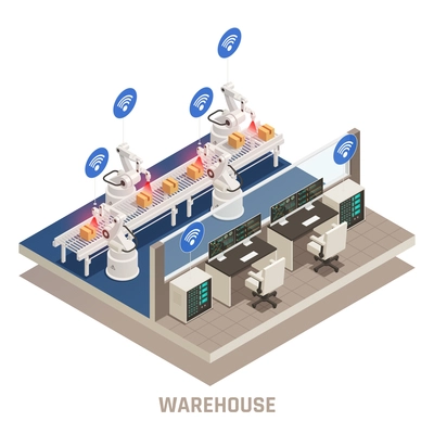 Modern warehouse fully automated computer controlled conveyor line with robotic arms sorting packages isometric composition vector illustration