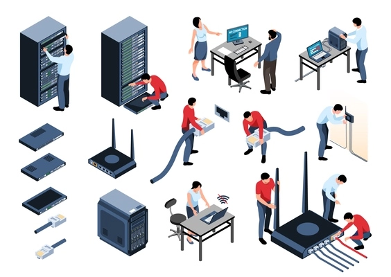 Isometric icons set with system administrator office workers computer hardware router isolated on white background 3d vector illustration