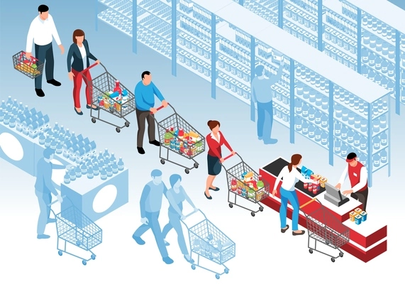 Isometric queue background with customers standing in line at supermarket 3d vector illustration