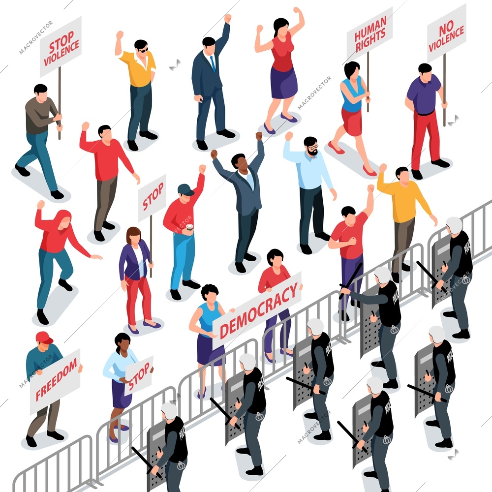 Mass protest action with crowd of people holding posters and armed police officers 3d isometric vector illustration