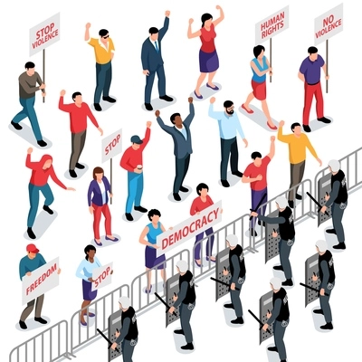 Mass protest action with crowd of people holding posters and armed police officers 3d isometric vector illustration