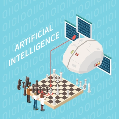 Artificial intelligence isometric composition with tech brain image playing chess with group of scientists with text vector illustration