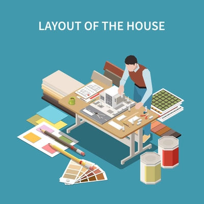 Architect isometric composition with text and human character at table with color palettes materials and model vector illustration
