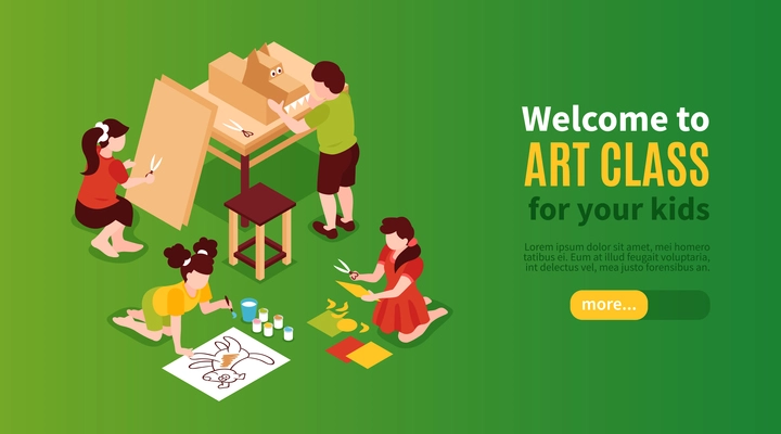 Art class banner with creative kids symbols isometric vector illustration