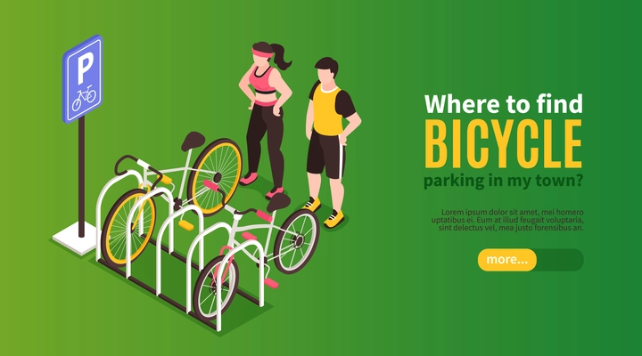 Isometric bicycle horizontal banner with parking rack characters of riders and editable text with more button vector illustration