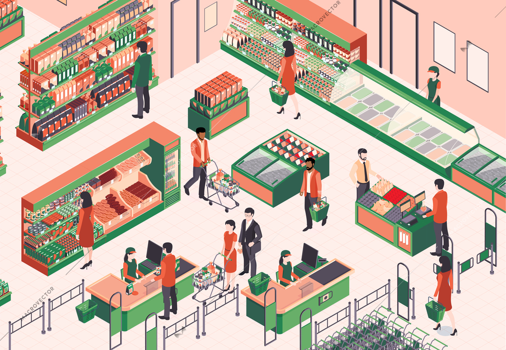 Isometric supermarket composition with indoor view of self service store with products visitors and counter desks vector illustration