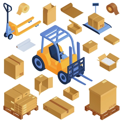 Isometric cardboard boxes pallet loader set with isolated icons of carton packs and image of forklift vector illustration