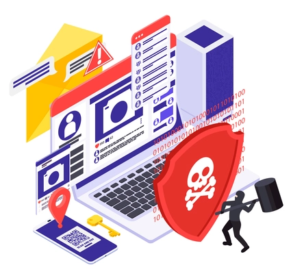 Cyber security spyware data protection isometric composition with images of laptop computer screens and safety shield vector illustration