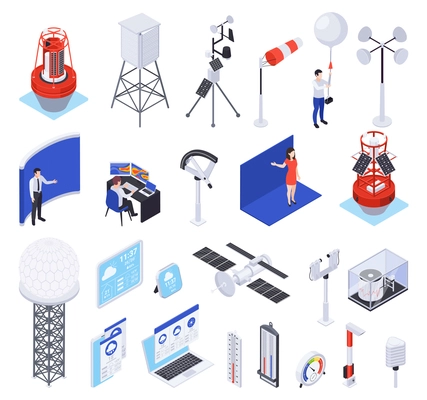 Meteorology weather forecast isometric set of isolated equipment icons with buoy radars satellites and weatherman characters vector illustration