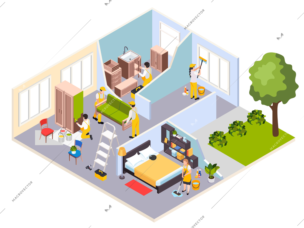 Renovation repair works isometric composition with profile view of house with new furniture workers and cleaners vector illustration