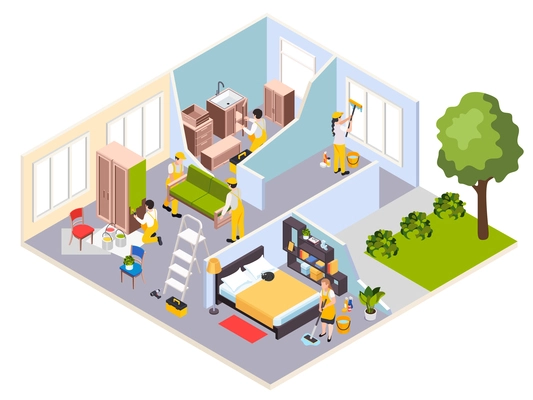 Renovation repair works isometric composition with profile view of house with new furniture workers and cleaners vector illustration