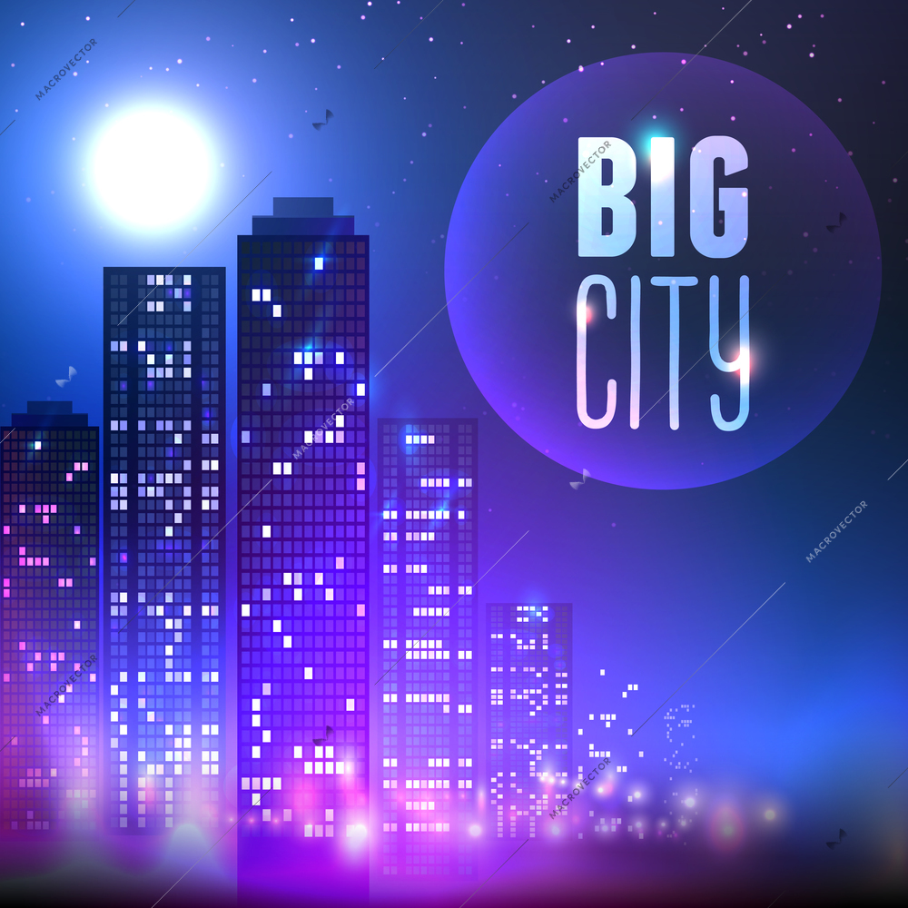 City skyline with skyscraper buildings at full moon night on purple background vector illustration.