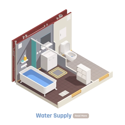 Water supply in residential house apartment buildings isometric composition with toilet bathroom sink filled bathtub vector illustration